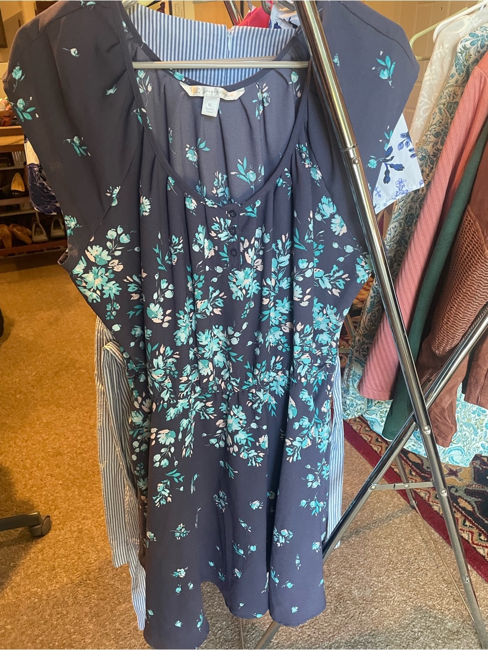 Blue Floral Button-Front Dress with Teal Blooms